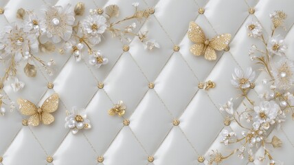 Gold butterflies on white quilted background. Neural network AI generated