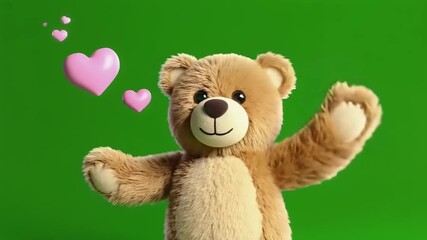 A teddy bear with outstretched arms and pink hearts floating in the air on a green screen