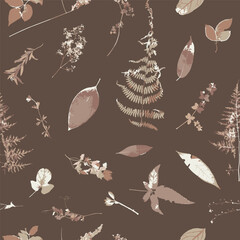Seamless pattern with monochrome brown dry herbs and leaves. Wild field and forest plants wallpaper. Boho botanical texture. Ecological and natural design.