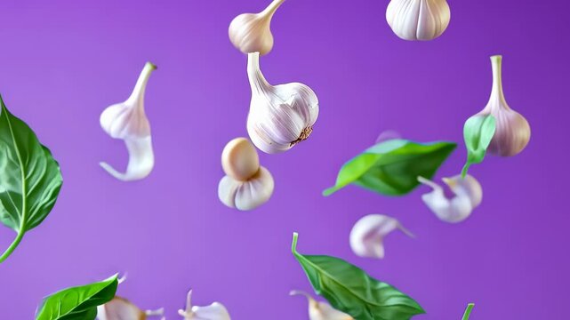 Fresh garlic cloves and basil leaves floating in midair against a vibrant purple background, representing freshness and flavor