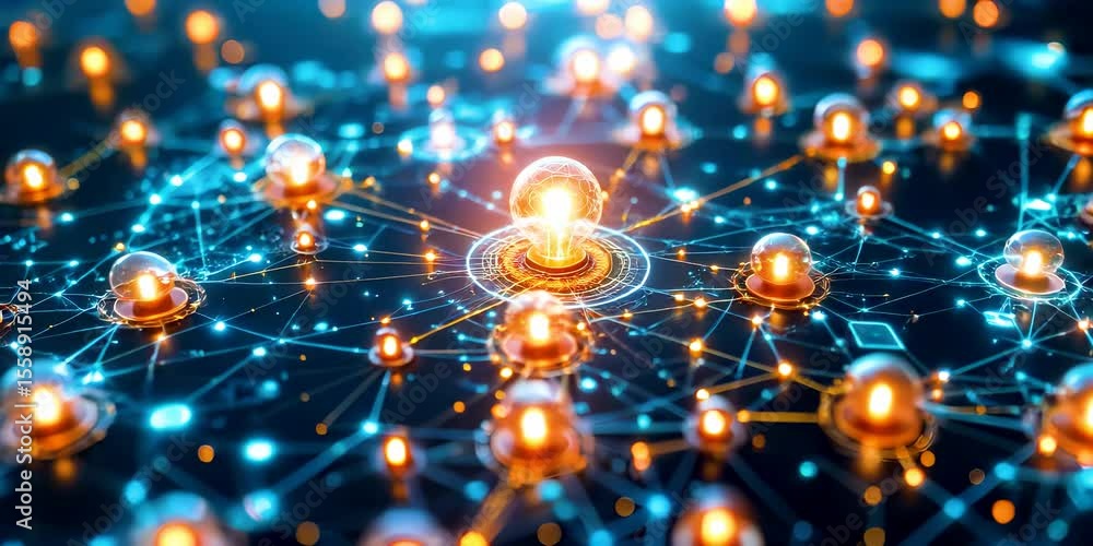 Poster futuristic decentralized energy grid showing glowing light nodes connected in a digital network, sym