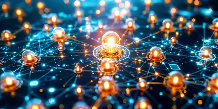 Futuristic decentralized energy grid showing glowing light nodes connected in a digital network, symbolizing smart power distribution and sustainable energy innovation.