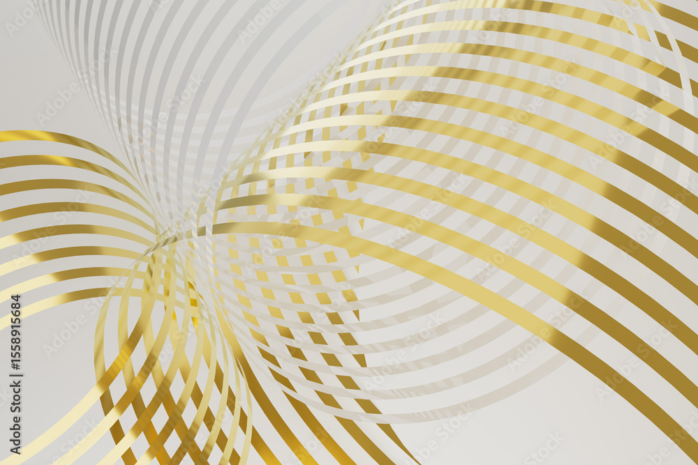 Poster intricate geometric pattern - reflective gold waves in a fluid motion as abstract background. 3d ren