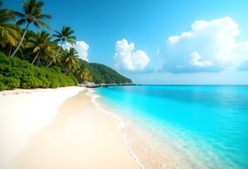 Fototapeta premium Tropical Island Paradise with White Sand Beach and Turquoise Ocean Under Blue Sky