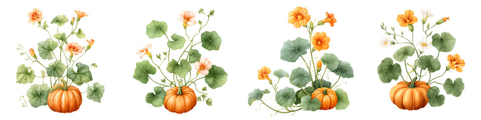 Obraz premium Pumpkin & Nasturtium Watercolor Set: Autumn Harvest Illustrations