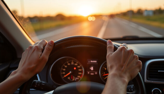 Person driving a car with hands on steering wheel during sunset  