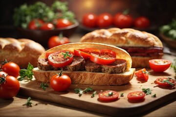 Appetizing meat sandwich with tender bread accompanied by tomatoes.