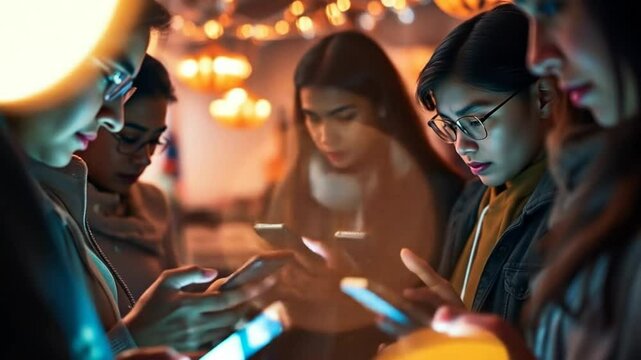 Group of young people using smartphones in a dimly lit urban environment, tech lifestyle