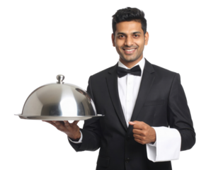A smiling waiter in a black tuxedo holds a silver cloche with a white towel draped over his arm, ready to serve.