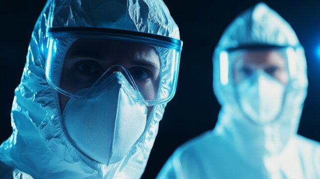 Healthcare workers in protective suits, fighting against viruses and pandemics. Medical professionals, safety, health, and pandemic preparedness.