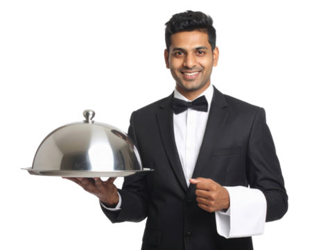 A smiling waiter in a black tuxedo holds a silver cloche with a white towel draped over his arm, ready to serve.