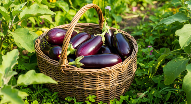 purple and black organic eggplant fruit is in a wrickle basket in a garden at morning