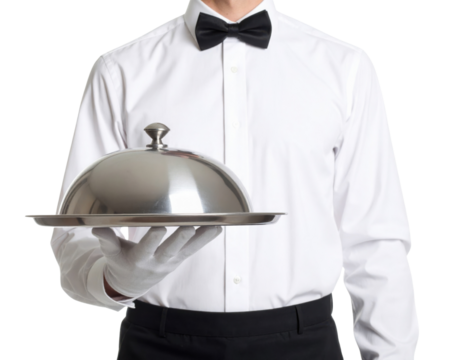 A waiter in formal attire holds a silver serving tray with a domed cloche, presenting it professionally.