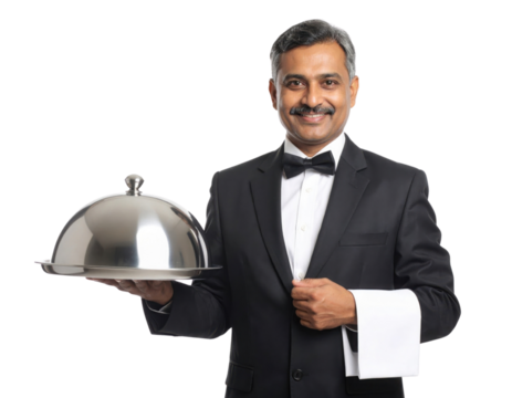 A smiling male waiter in a black tuxedo holds a silver cloche with one hand and has a white towel draped over his other arm.