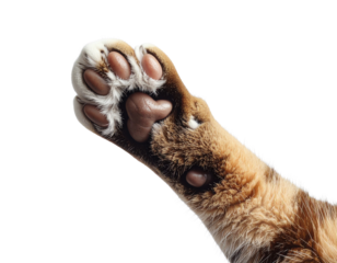 Close-up of a cat's paw with pink pads and fur, isolated on a black background.