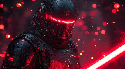 Dark warrior amidst fiery chaos wielding red energy blade