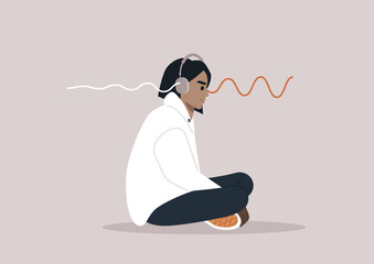 Fototapeta na wymiar A person sits cross-legged on the floor, immersed in a calming experience while wearing stylish noise cancelling headphones, Softening sound waves suggest serenity and focus