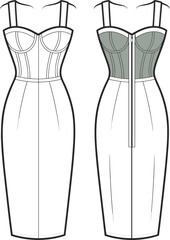 Flat sketch of bodycon midi dress with corset bodice, back zipper, structured cups, fitted silhouette, CAD drawing vector illustration