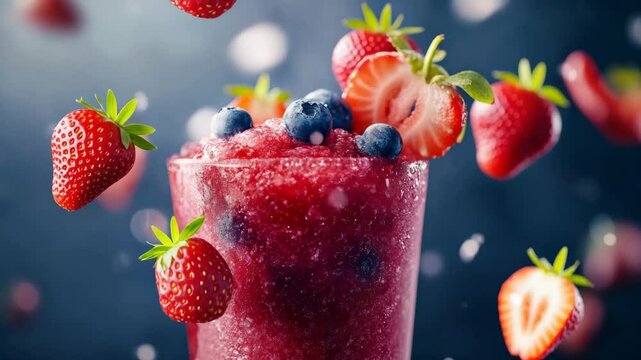 Refreshing berry smoothie with strawberries and blueberries in motion