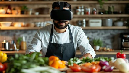 Chef wearing virtual reality headset preparing fresh vegetables in a modern kitchen with digital technology and organic ingredients - Powered by Adobe