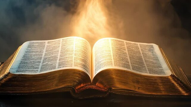 Ancient open book glowing with radiant light and dramatic smoke, symbolizing knowledge, wisdom, mystery, and enlightenment