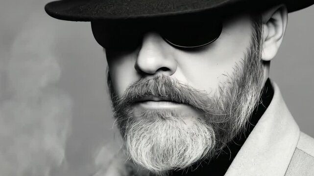 Mature man with beard wearing hat and sunglasses exhaling vapor, mysterious ambiance in monochrome with classic attire