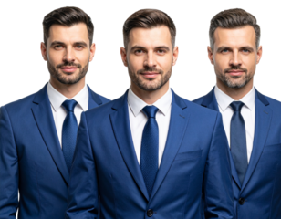 Set of four confident businessman portraits in a blue suit, transparent background.