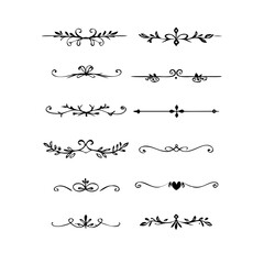 Fototapeta premium Decorative simple divider. Text dividers retro minimal line separators, Vector isolated geometric wedding card heart separator elements set. Text dividers. . Hand drawn vector illustration. 