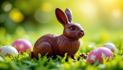 a chocolate easter bunny, radiating cheerful vibrancy, fills the bottom third of the frame in intimate close up, luminous green hues bathe the figure, creating a daybreak shine effect, above
