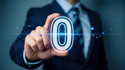 Businessman holds glowing zero symbol in hand, presenting digital concept