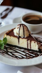 Creamy cheesecake slice, chocolate drizzle, vanilla ice cream scoop, served with coffee on a white plate