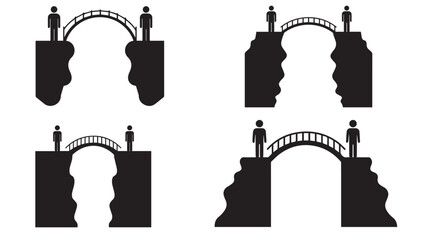 Bridge connecting cliffs with people silhouettes to bridge the gap