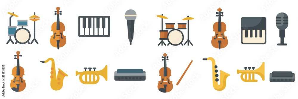 Poster various musical instruments displayed in a colorful arrangement showcasing diverse genres and sounds