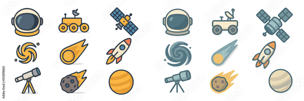 Poster collection of space-themed icons showcasing various celestial elements and exploration tools in a pl