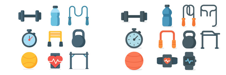 Collection of fitness equipment and accessories arranged neatly for various workouts and exercises in a well-lit environment