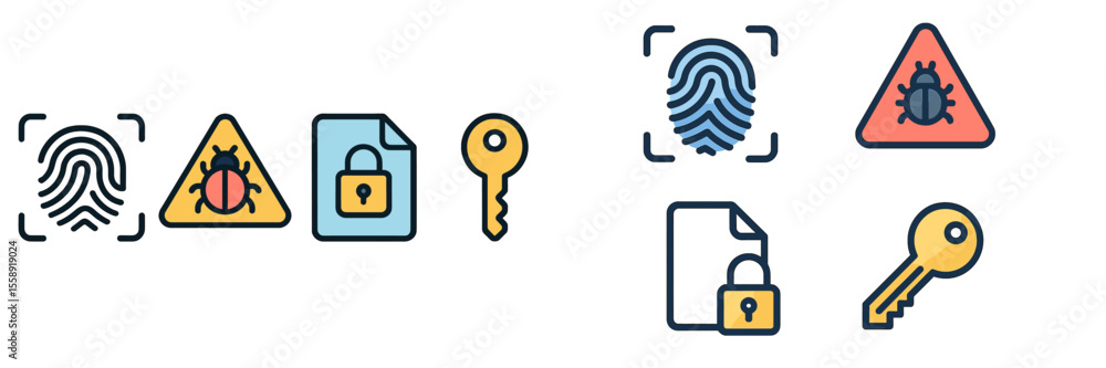 Poster Understanding security symbols related to data protection, fingerprint authentication, and malware warnings in digital environments