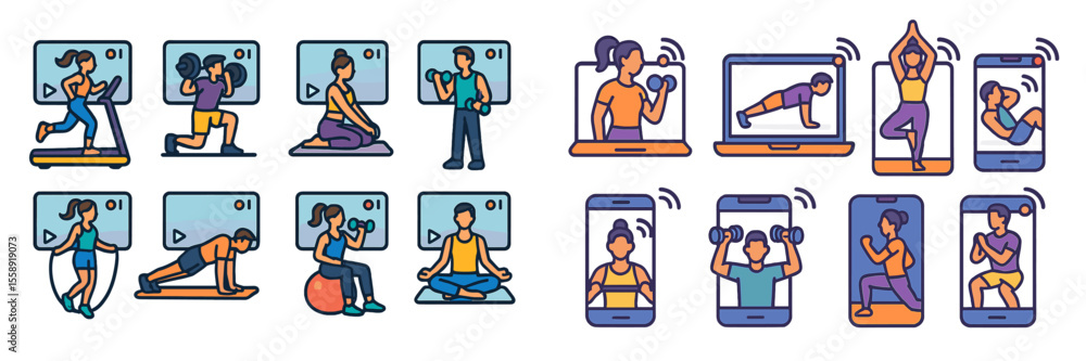 Poster diverse individuals engaged in various home workout routines using online tutorials during the morni