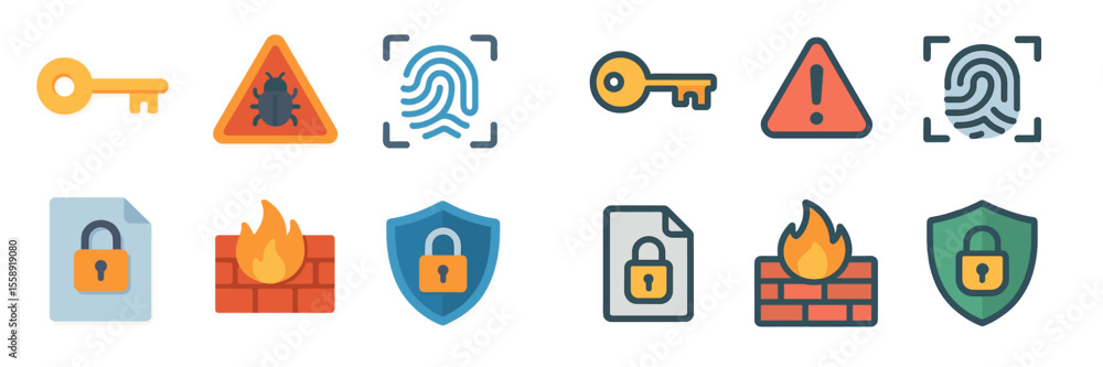 Aufkleber Diverse symbols representing cybersecurity concepts displayed on a digital interface showcasing protection measures