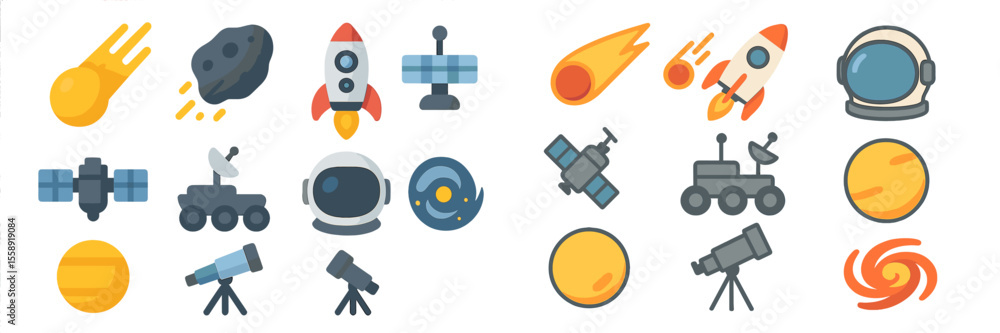 Poster colorful space-themed illustrated icons showcasing various celestial objects and exploration tools i