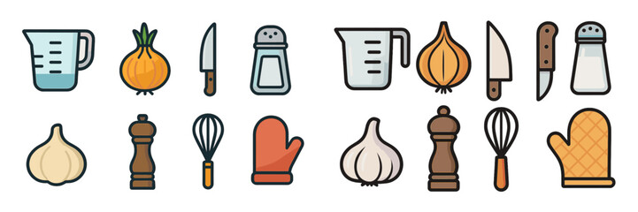 Kitchen tools and ingredients arranged in a neat layout for meal preparation and cooking activities