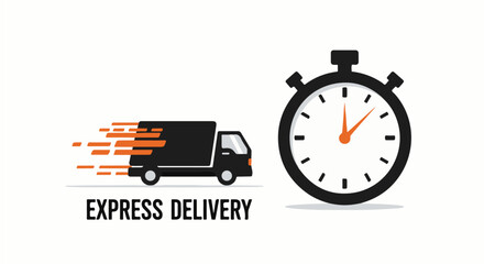  Express Delivery Service Icon. Dynamic icon for "Express Delivery" featuring a fast-moving truck overlaid on a stopwatch, symbolizing rapid and timely shipping. e-commerce, logistics, and delivery 
