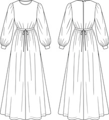 Front and back view of maxi dress fashion sketch, technical cad drawing, long sleeve gown, flat vector, dress design template