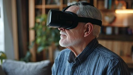 Senior man with gray hair wearing virtual reality headset indoors and exploring immersive digital experience in natural light - Powered by Adobe