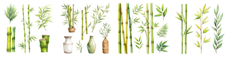 Obraz premium Bamboo and Vase Watercolor Clipart Set: Asian Inspired Design Elements