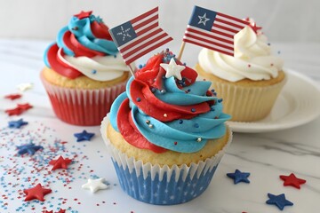Festive red white and blue cupcakes with american flag toppers and star sprinkles