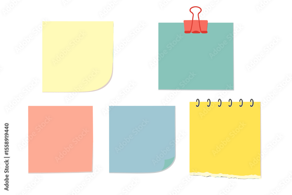 Poster Colorful sticky notes and a clipboard on a white background arranged in an organized layout for reminders and notes