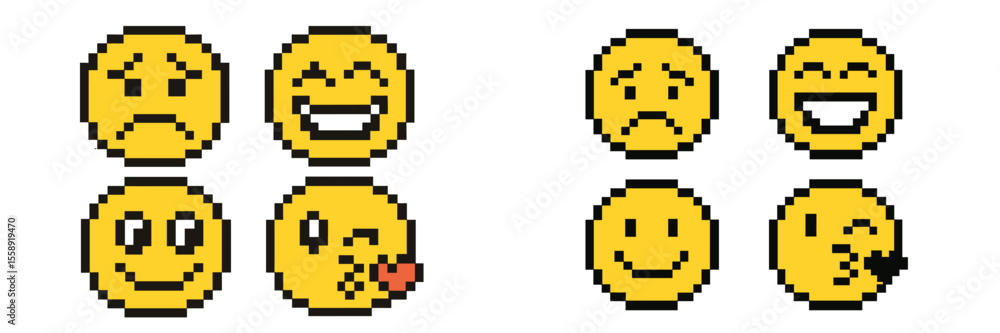 Poster Smiley faces showcase a range of emotions in a vibrant pixel art style with contrasting expressions