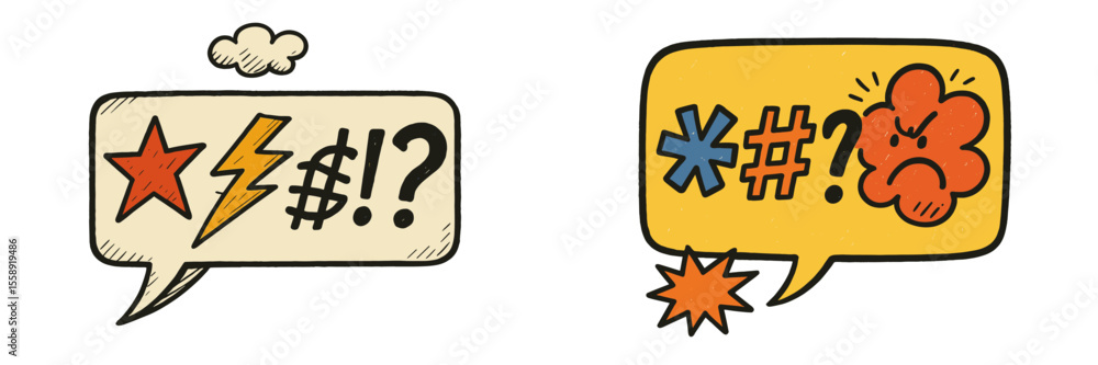 Poster illustrative speech bubbles featuring expressive emotions and symbols representing surprise and ange