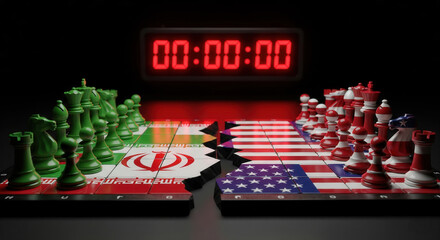 Symbolic chessboard split between Iran and US flags, each side with themed chess pieces, digital countdown timer signifying urgent geopolitical standoff.