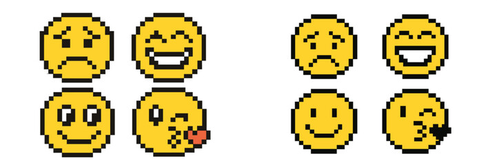 Smiley faces showcase a range of emotions in a vibrant pixel art style with contrasting expressions